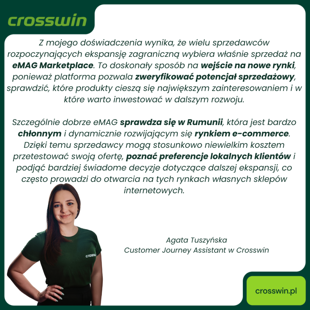 Cytat Agaty Tuszyńskiej z Crosswin o zaletach sprzedaży na eMAG Marketplace i ekspansji na rynek rumuński.