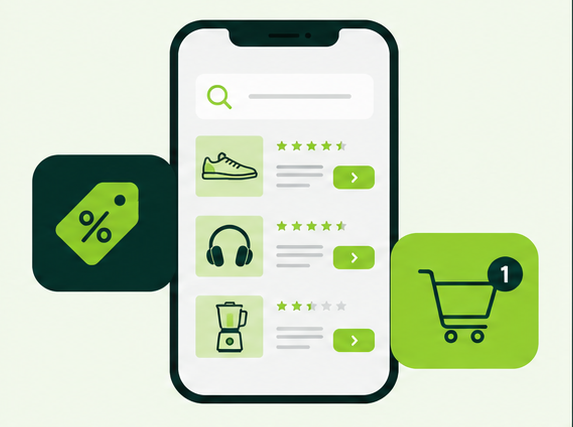 Mobilna aplikacja Compari prezentująca produkty, promocje, oceny klientów oraz funkcje koszyka zakupowego online.